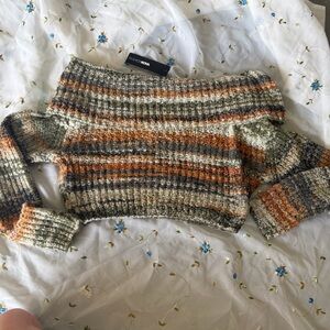 Women's Striped Off the Shoulder Sweater - Orange, Gray, Green